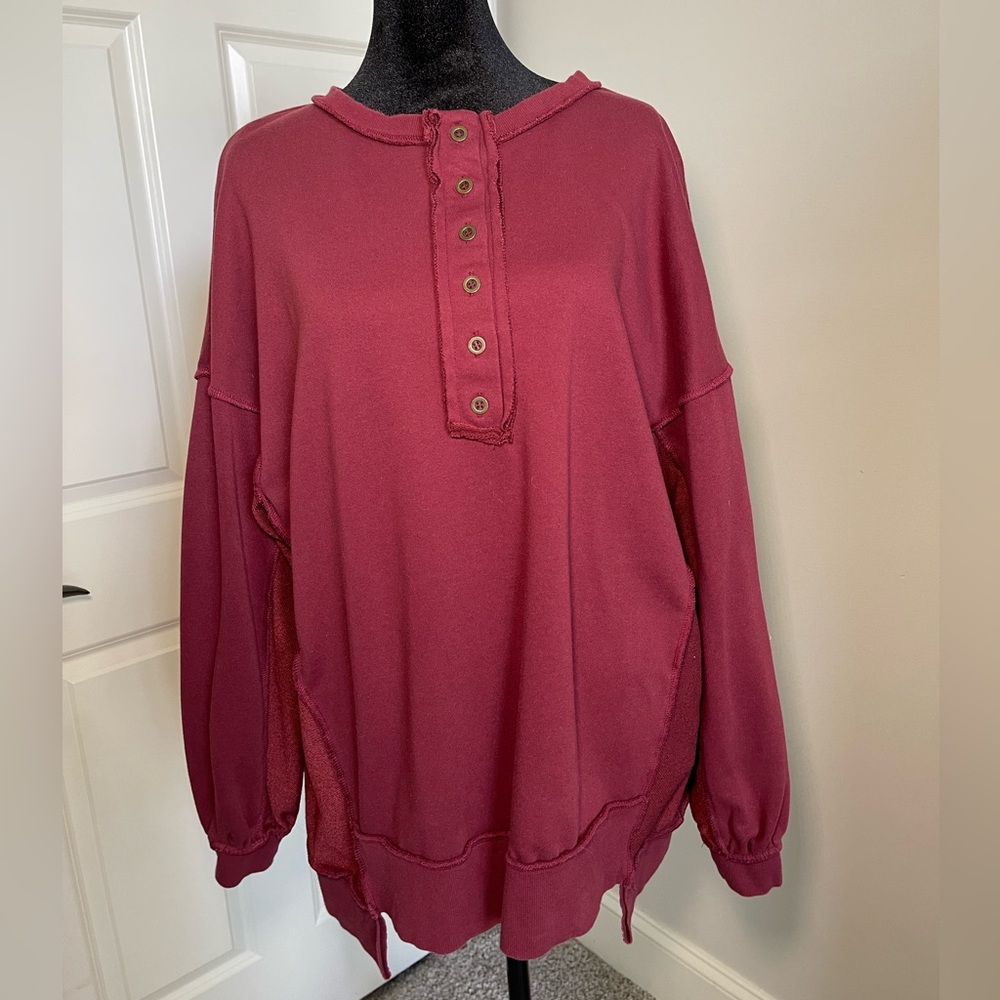 Unbranded Burgundy/Merlot Oversized Henley Pullover Sweatshirt Size L